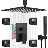 gotonovo Ceiling Mount Rain Shower Faucet Set with 4 Body Spray Jets Rainfall Shower Head and Handheld Sprayer Multi Shower System Rough-in Valve and Trim Included 12 inch Shower Head,Matte Black