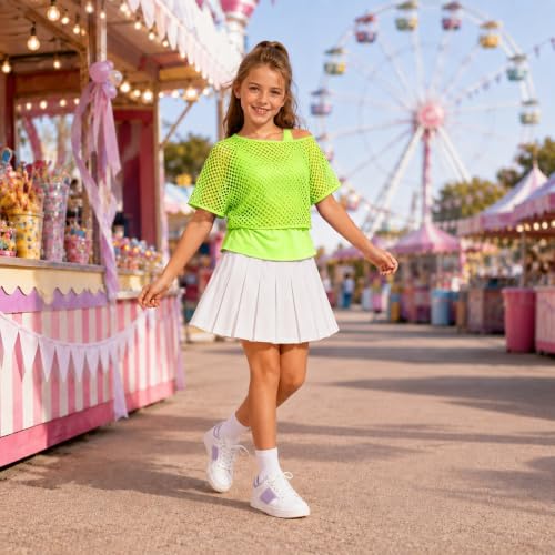 Girls Fishnet Off Shoulder Top with Tank Top, 80s 90s Neon Costume Outfit - image 5
