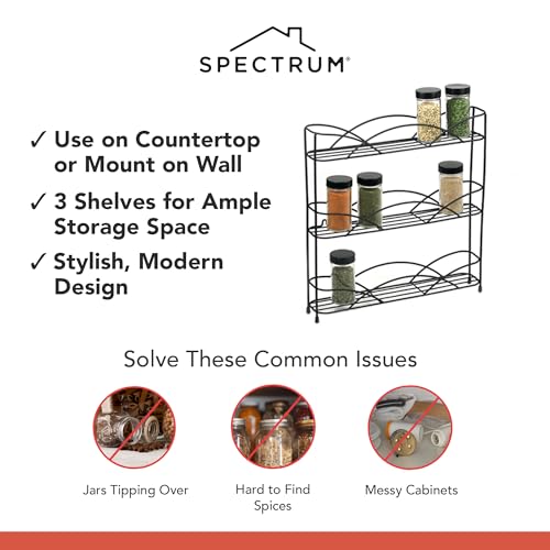 Spectrum 3 Tier Spice Rack Organizer Black Countertop Wire Shelf Spice Rack for Modern Kitchen Pantry Cabinet, Organize Spices with Three Tier Spice Shelf for Kitchen Storage with Wall Mount Option by Spectrum - Image 3