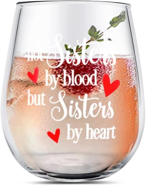 Yalucky Stemless Wine Glass 'Not Sisters by Blood but Sisters by Heart' Funny Sayings Best Friend Personalised Gifts Friendship Gin Glass Birthday Present Idea for Women Bestie Gifts Party Decor