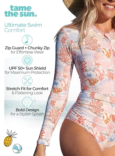 Image of Tame the Sun Long Sleeve Swimsuits for Women - One Piece Tummy Control, UPF 50+ Bathing Suit - Rash Guard, Zipper Swimwear