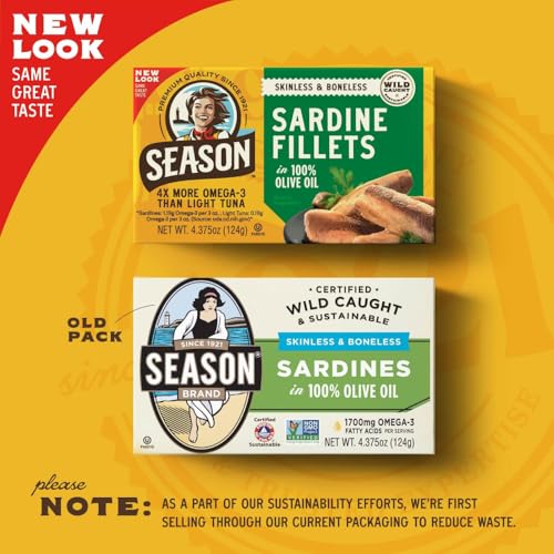 Image of Season Sardines in Olive Oil Skinless & Boneless, 4.37 Oz Tins, 12-Pack | Wild Caught, 22g of Protein, Keto Snacks, More Omega 3's Than Tuna, Kosher, High in Calcium, Canned Sardines