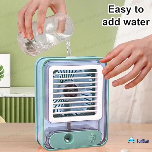 Image of FunBlast Portable Mist Spray Fan - USB Rechargeable Mini Desk Fan with 3 Speed Settings, Water Spray & LED Night Light, Compact Cooling Table Fan for Travel, Office & Home Use (Green)