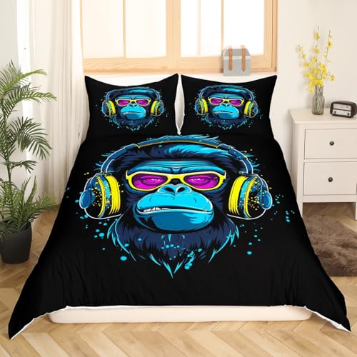 Feelyou 3D Gorilla Duvet Cover Set Headphone Gorilla Bedding Set for Kids Boys Girls Wild Animal Pattern Comforter Cover Watercolor Blue Design Quilt Cover Bedroom Collection 3Pcs Full Size