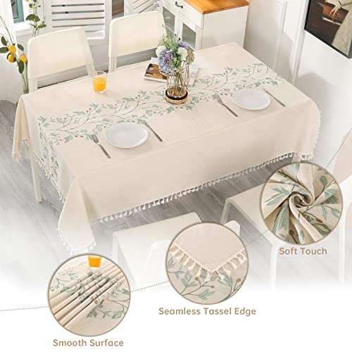 Tovaglia Rotonda In Cotone Lino 140 Cm - Elegante E Pratica Con Ricamo Foglie Verdi E Nappe - Foto 4