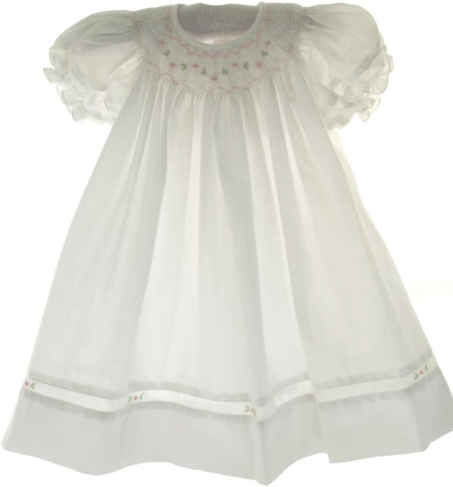 Petit Ami Girls White Dress with Bonnet Pink Smocking Dedication Outfit