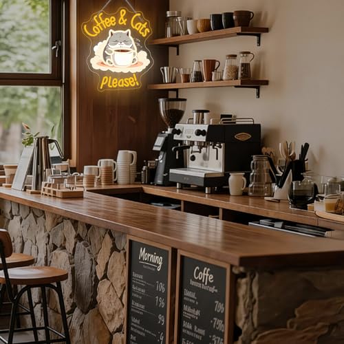 Image of Coffee Cat Please Neon Sign Dimmable LED Wall Light for Cafe Station Decor | 14.76IN*12.6IN,Five level brightness adjustment,USB powered,For Coffee Kitchen Corner Club Window Decor,Party Gifts