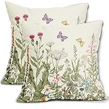 Spring Floral Pillow Covers 18x18 Set of 2 Wildflower Sage Green Flowers Butterfly Print Decorative