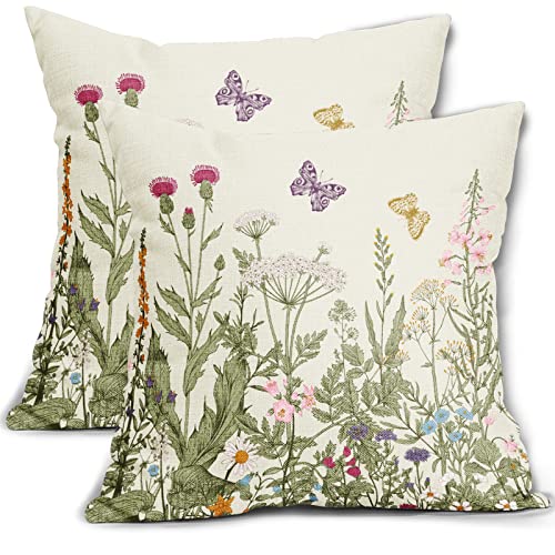 Spring Floral Pillow Covers 18X18 Set Of 2 Wildflower Sage Green Flowers Butterfly Print Decorative Throw Pillow Covers Linen Square Cushion Cover Rustic Decor For Picnic Party Wedding Living Room #TOP20
