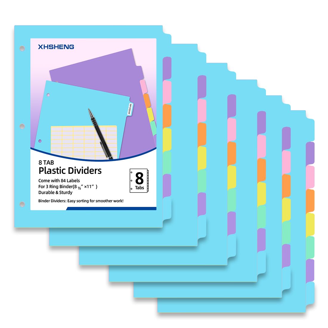 3 Ring Binder Dividers with TAB,48PCS/6 Set Plastic File Dividers,8 Tab 3 Hole Punch Dividers,Pastel Color,Letter Size,6 Sets