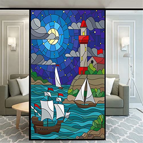 Privacy Window Film Multicolor Seaside Painting Decorative Opaque Non-Adhesive Static Cling Frosted Glass Window Film Window Stickers for Home Office 65x120cm(25.6