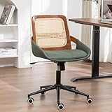 Home Office Desk Chair with Ergonomic Rattan Backrest, Walnut Crafts, Curved Arms, Faux Leather, Caster Wheels, Height Adjustable, Computer Chair for Desk Work, Executive Task, Conference Room - Green