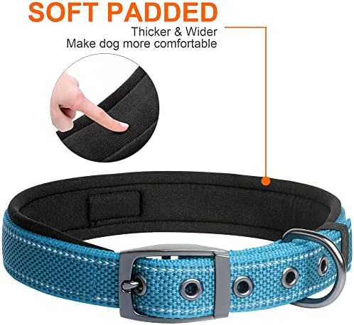 Fida Padded Dog Collar, Reflective Strong Dog Collar with Double-Layer Webbing, Adjustable Heavy Duty Dog Collar with Metal Buckle for Large Dogs, Blue