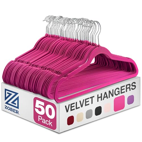 Zober Velvet Hangers 50 Pack - Heavy Duty Pink Hangers for Coats, Pants & Dress Clothes - Non Slip Clothes Hanger Set - Space Saving Felt Hangers for Clothing