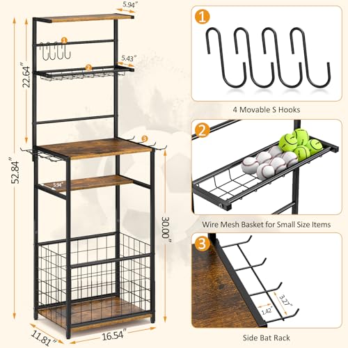 Threehio Sports Equipment Organizer, Wooden Garage Ball Storage Rack With Hooks thumb #2
