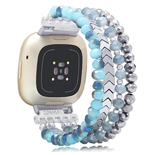 C&L Accessories Beaded Bracelet Compatible for Fitbit Versa 3/Fitbit Versa 4/Fitbit Sense 2/Fitbit Sense Bands for Women Girls Elastic Stretch Handmade Strap (Silver/Blue/Crystal)