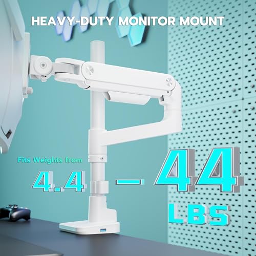 Image of ARES WING Ultrawide Single Monitor Arm White with USB A /C, Tall Heavy Duty Monitor Arm for 17 to 49 inch Screen, Holds 44 lbs, Adjustable Gas Spring Desk Mount
