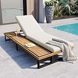 Sleek Outdoor Patio Chaise Lounge with 5-Position Adjustable Backrest and Wood Side Table, All-weather Lounge Chair Reclining with Cushion and Steel Frame for Backyard Poolside Garden (Beige+Wood1)
