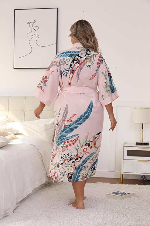 Image of Applesauce - 808V - Plus Size Women's Kimono Long Robe - Vintage Floral (One-Size fits most US 1X 2X 3X)