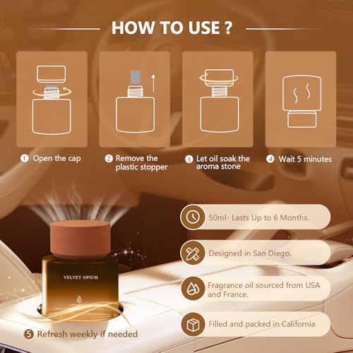 Image of Car Air Freshener 50ML (1.7 FL OZ) Car Air Fresheners Fragrance - Amber Vanilla Fragrance Oil Air Diffuser for Car, 180+ days Long Lasting Perfume, Car Air Freshner Aroma Stone Cap Design, Made in USA