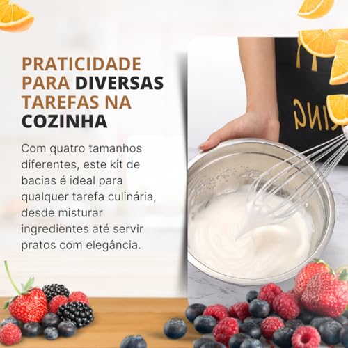Combo de Bowls Redondas de Inox - 4 Peças (1L, 1.5L, 2L, 4L) - Bowls de Aço Inoxidável para Uso na C