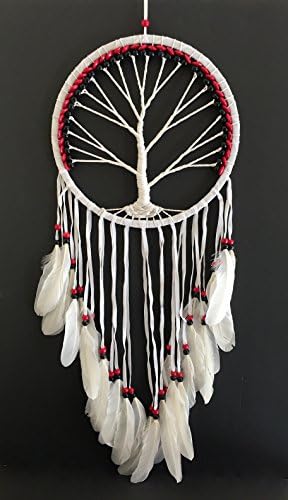 Dream Catcher - Tree of Life White Suede Dreamcatcher Hand Crafted with Real Feathers & Wood Beads - Large Size - 36" Long x 11" Diameter - OMA Brand (Red)