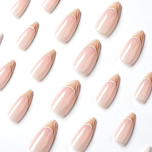 Miniatura 2 de RikView Uñas postizas francesas medianas, uñas acrílicas de almendra, uñas acrílicas brillantes, uñas adhesivas de cobertura completa