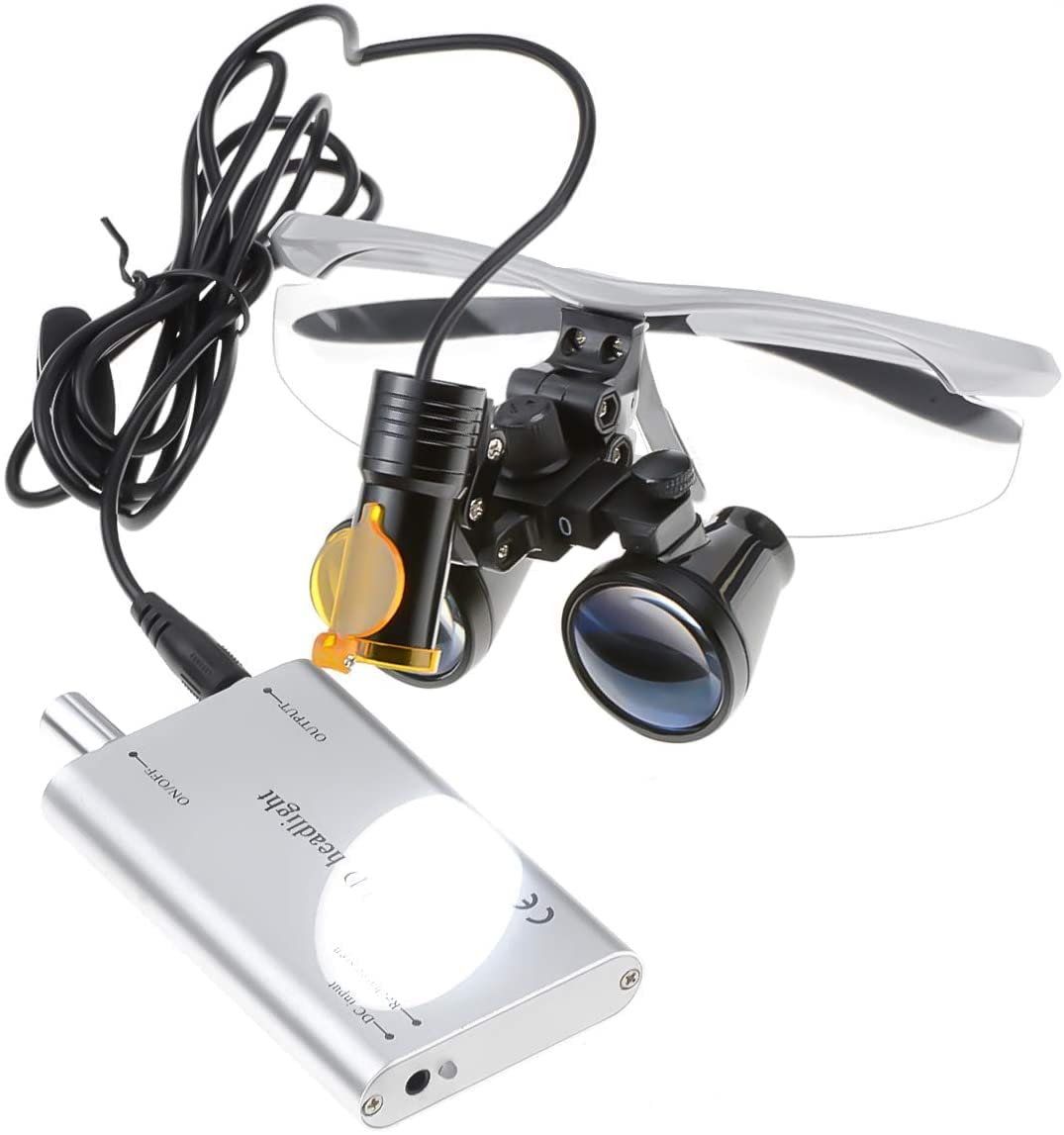 Generic 2.5X/3.5X Binocular Dental Loupes Magnifying Glasses+5W Medical Standard Magnifier Lamp LED Headlight Lamp with Filter Handy Protective Carry Case (Silver, 3.5X)