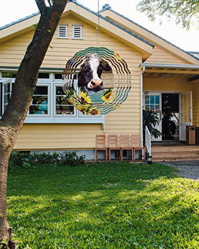 Watercolor Cow Wind Spinners For Yard And Garden, 3D Stainless Steel Wind Spinner, Farmhouse Sunflowers Vintage Wood Wind Sculptures Spinners Indoor Outdoor Hanging Crafts Ornaments 9.8 Inch #TOP2