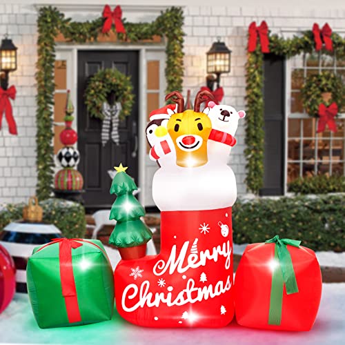 8FT Christmas Inflatable Outdoor Decoration,Inflatable Animal in Xmas Stocking with Gift Box,Lighted Blow Up Animal Standing on Christmas Socks with LED Lights for Christmas Outdoor,Yard Decorations