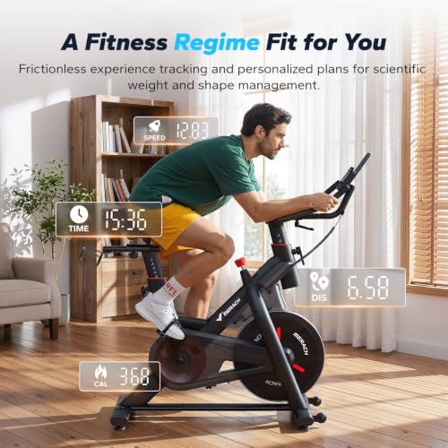 Image of Merach Magnetic Exercise Bike for Home Gym, Low Noise | Stationary Bike with Soft Seat Cushion, Indoor Workout Bike with 350 lbs Weight Capacity, Fitness App with Courses