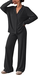 Trendy Queen Women Pajamas Set Sleepwear Fall 2 Piece Soft Lounge Pjs | Button Down Pajamas,Long Sleeve Top and Wide Leg Pants,Soft Loungewear,Button Up,Fall Fashion Clothes 2026