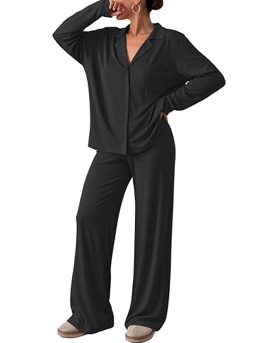 Trendy Queen Women Pajamas Set Sleepwear Fall 2 Piece Soft Lounge Pjs | Button Down Pajamas,Long Sleeve Top and Wide Leg Pants,Soft Loungewear,Button Up,Fall Fashion Clothes 2026
