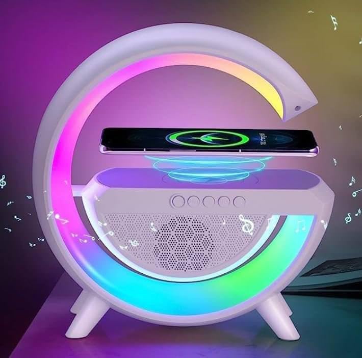 Image of G-Shape LED Lamp with Bluetooth Speaker & Wireless Charging - 3-in-1 RGB Night Light with Touch Control, Alarm Clock, and Fast Phone Charging for Bedroom, Office, or Gifts
