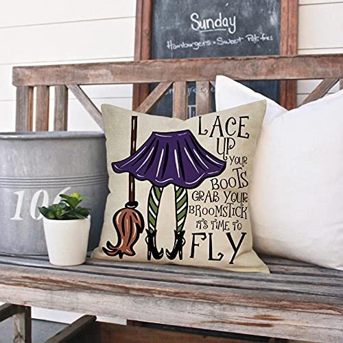 Ussap Halloween Purple Witch Sign Decorative Throw Pillow Cover, Lace Up Boots Grab Your Broomstick Quote Home Farmhouse Decorations, Fall Autumn Cushion Case For Sofa Couch Decor Cotton Linen 18 X 18 #TOP5