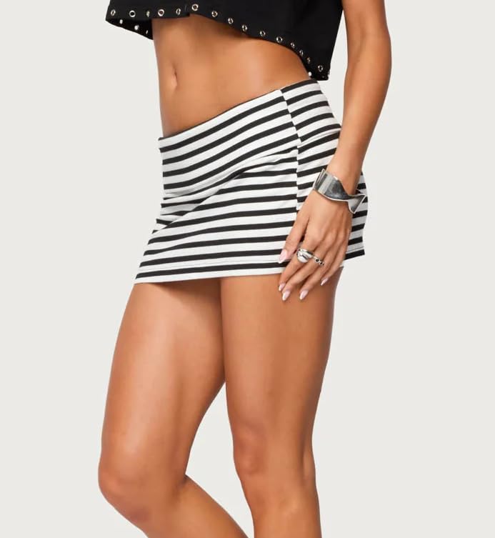 NUFIWI Women Fold Over Mini Skirts Elastic Waist Bodycon Y2k Short Skirt Striped Stretchy Pencil Micro Skirts2