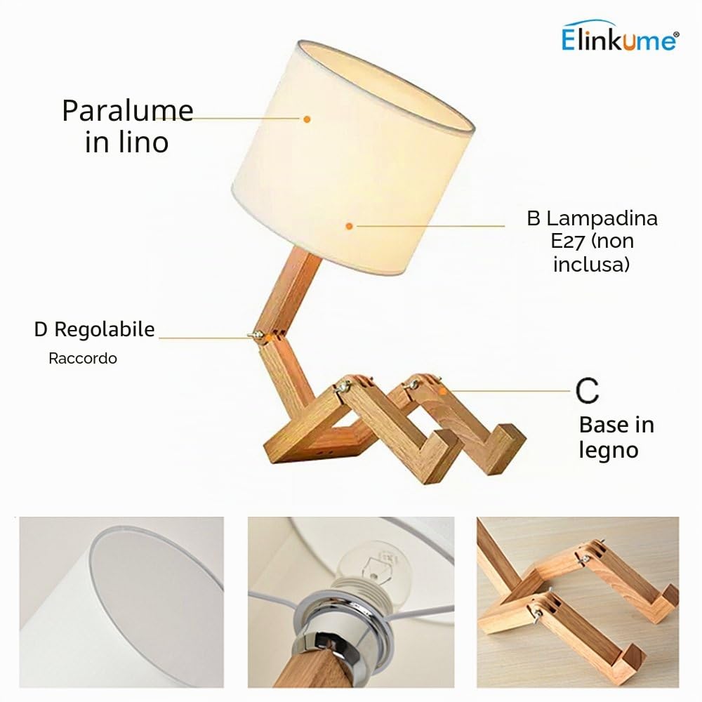 Creativa lampada da scrivania robot, mensola regolabile lampada da comodino in legno con paralumi in tessuto E27 vite per bambini camera da letto ufficio soggiorno illuminazione decorativa