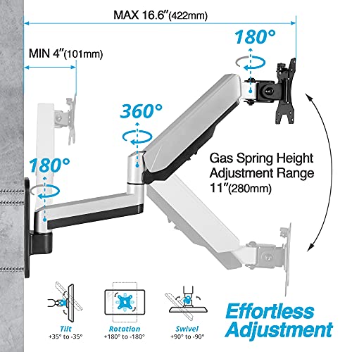 Image of AVLT Single 17.6 Lbs Monitor Wall Mount - Mounts Ultrawide Monitor On Extra Long Full Motion Adjustable Arm - Organize Your Work Surface With Ergonomic Viewing Angle Vesa Mount | Supports flat /curved /ultrawide screens up to 19.8 lbs. Smooth gas spring control, VESA 75x75 /100x100 and clean cable routing