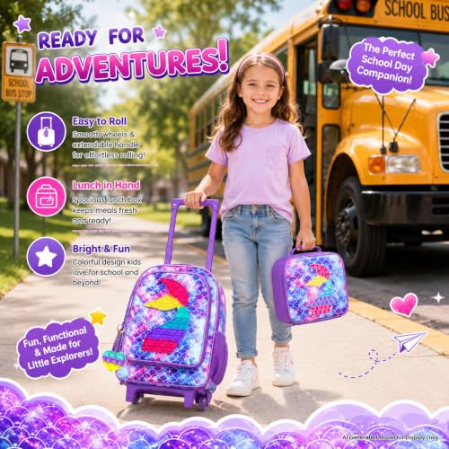 Image of Rolling Backpack for Girls and Boys,Unicorn Mermaid Dinosaur Roller Backpacks Set with Wheels for Kids, Fish Rolling Purple, One Size, Fish Rolling Purple
