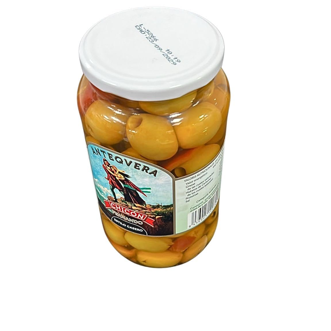 Chicón Lebrón Aceitunas Gordal Deshuesadas Calibre Gigante 80/120 Estilo Casero con Ajo Pimiento Picante Tarro 900g