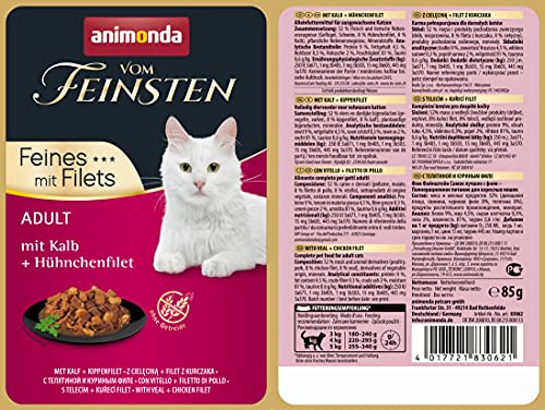 animonda vom Feinsten mit Filets, Katzenfutter nass mit Kalb + Hühnchenfilet, 18 Portionsbeutel (18 x 85g), getreidefreies Katzen Nassfutter ohne Zucker, mit fleischigen Zutaten