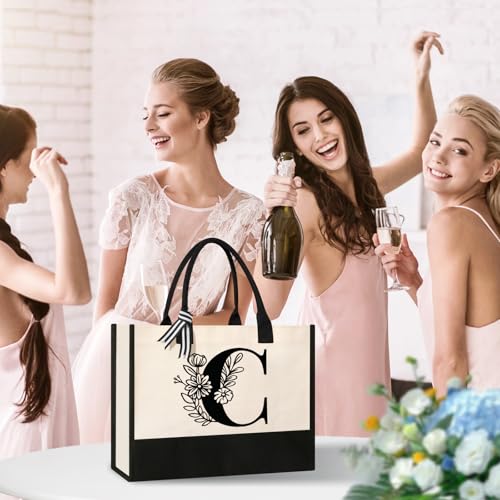 Image of Tecanne Personalized Initial Canvas Tote Bag, Suitable for Birthday, Wedding, Beach, Holiday, Gifts for Women, Mom, Teachers, Nurses, Best Friends, Bridesmaids (C)