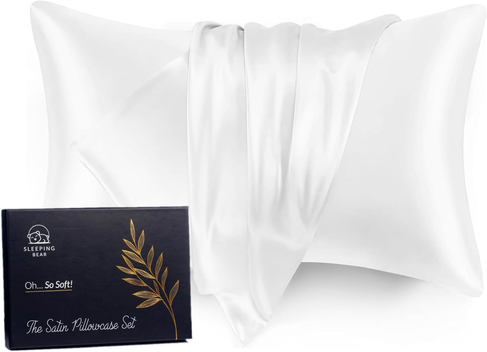 Sleeping Bear's Luxurious Silk Satin Pillow Cases: 2 pieces (50x75cm) ; Envelope closure, Super soft, Ideal for Hair and Skin (White)