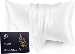 Sleeping Bear's Luxurious Silk Satin Pillow Cases: 2 pieces (50x75cm) ; Envelope closure, Super soft, Ideal for Hair and Skin (White)