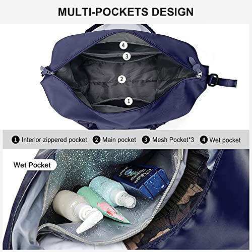 Dark Blue Sport Travel Duffle Bag Large Gym Tote Bag for Women, Weekender Bag Carry on Bag for Airplane, Ladies Beach Overnight Bag Waterproof Luggage Bags with Wet Pocket4