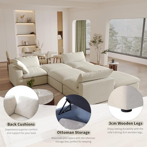 160.6" Cloud Couch Modular Sectional Sofa for Livingroom,Oversized Convertible Sofa with Storage Ottomans,6 Seat Wide Couches,Cushion Covers Removable (Khaki, 6 Seater) - Thumbnail 2