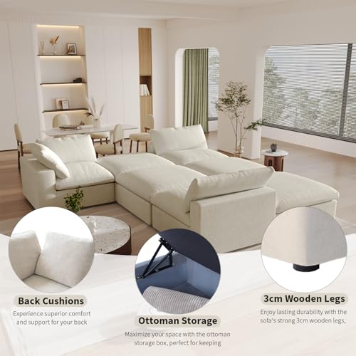 Cloud Couch Modular Sectional Sofa with 2 Storage Ottomans,160.6" U Shaped Couch,Minimalist 6 Seater Wide Deep Seat Convertible Couches, Covers Washable&Replaceable,Khkai