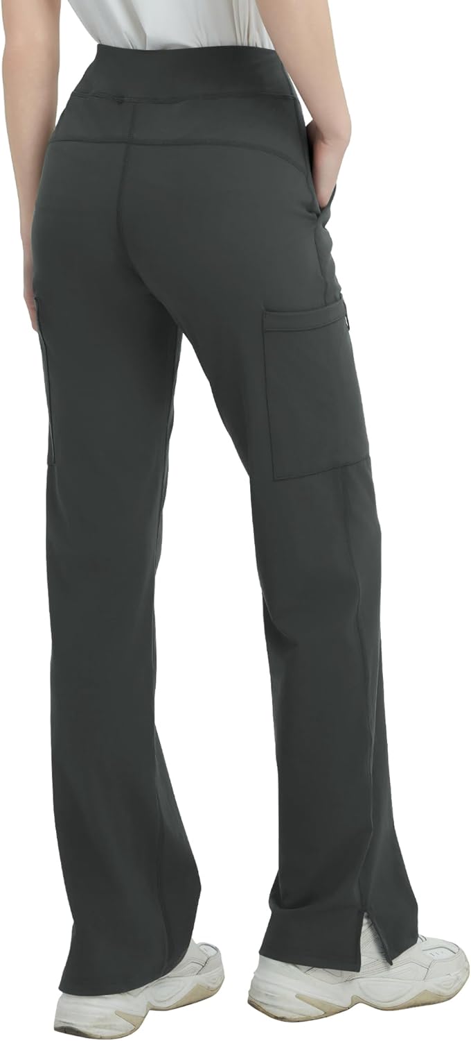 QBK High Rise Yoga Scrub Pants Women - Straight Wide Leg Uniform Pants with Cargo Pocket, Anti-Wrinkle & Knit Yoga Waistband - Image 2