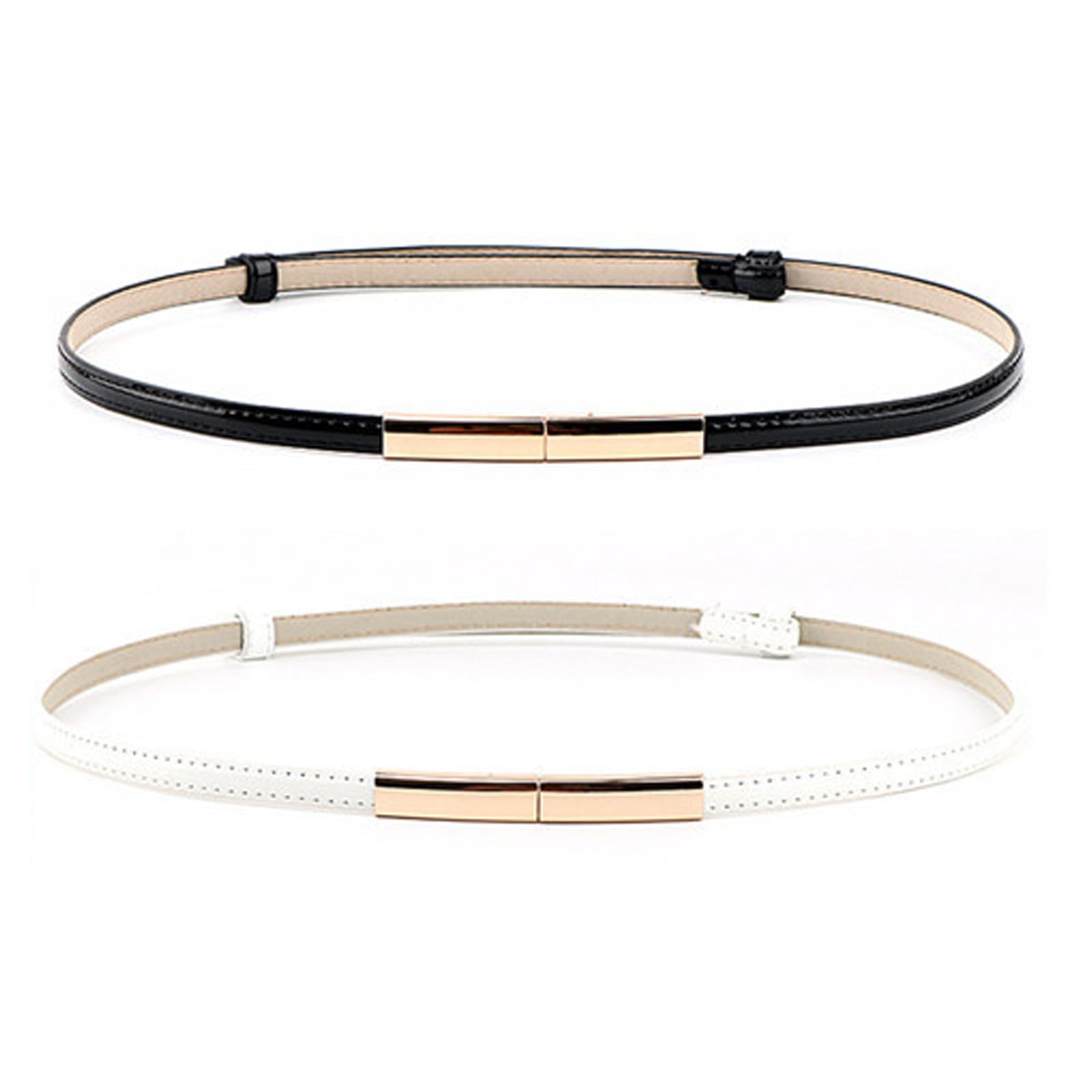 Desuibao 2 Pack Thin Belts for Women, Gold Buckle Skinny Belt Women, Adjustable up to 95cm Waist Belts for Dresses Pants Sweater, PU leather Fashion Belt for Girls Teens, Black & White