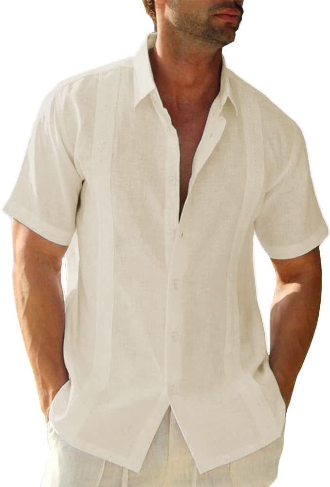 Glacspyg Camisa Lino Hombres Verano Manga Corta Guayabera Camisa Lino Trabajo Camisa Casual Ajuste Casual Vacaciones